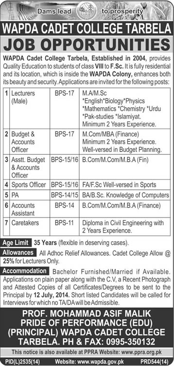 Wapda Cadet College Tarbela Jobs 2014 June / July for Teaching Faculty & Non-Teaching Staff