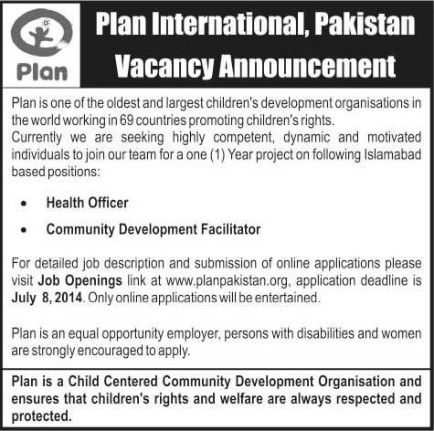 Plan Pakistan Jobs 2014 June / July for Health Officer & Community Development Facilitator