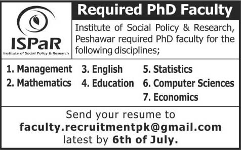Institute of Social Policy & Research Peshawar Jobs 2014 June / July for Teaching Faculty