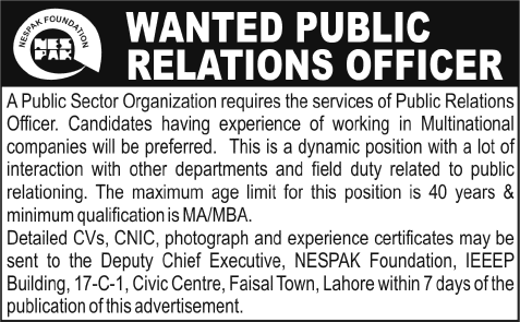 NESPAK Foundation Jobs 2014 June / July for Public Relations Officer