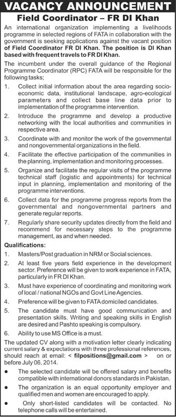 Field Coordinator Jobs in Dera Ismail  Khan 2014 June / July