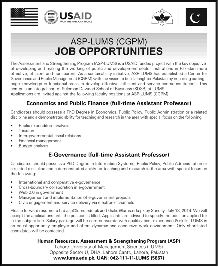 USAID ASP-LUMS Jobs 2014 June / July for Assistant Professor