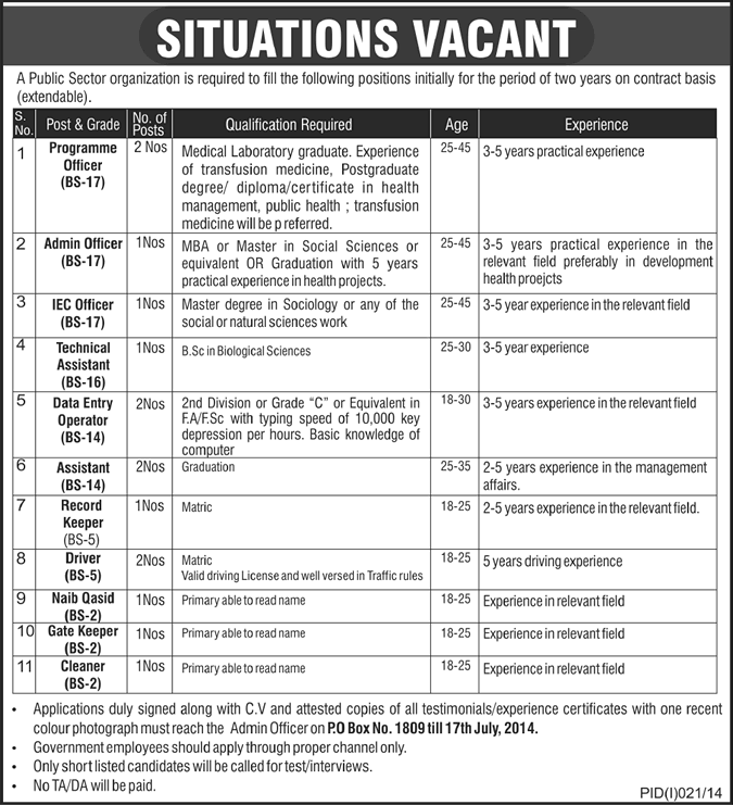 PO Box 1809 Jobs 2014 July in Public Sector Organization Latest Advertisement