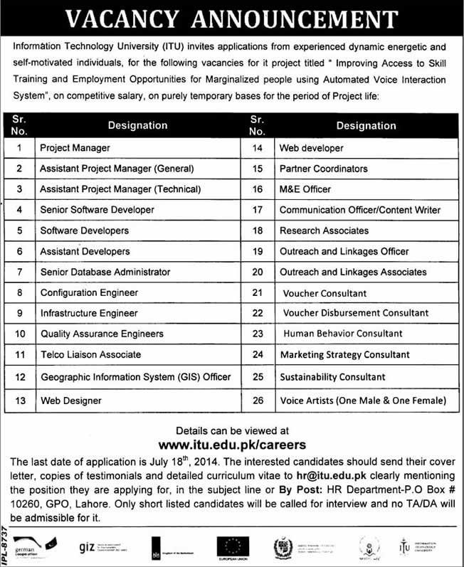 Information Technology University Lahore Jobs 2014 July Latest Advertisement ITU