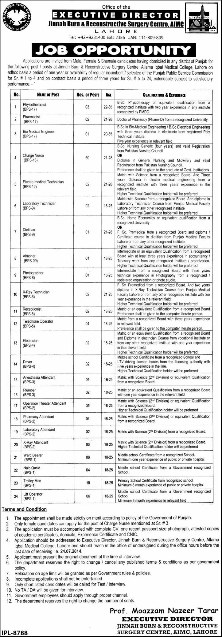 Jinnah Burn & Reconstructive Surgery Centre Jobs 2014 July Latest AIMC