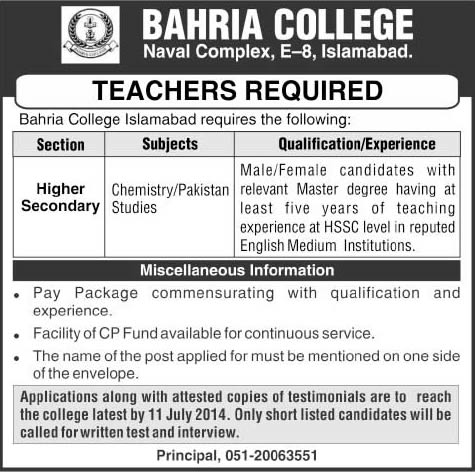 Bahria College Islamabad Jobs 2014 July for Teaching Faculty