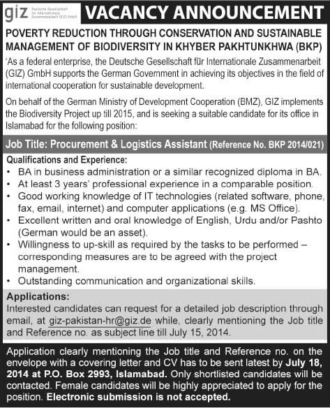 GIZ Pakistan Jobs 2014 July for Procurement & Logistics Assistant