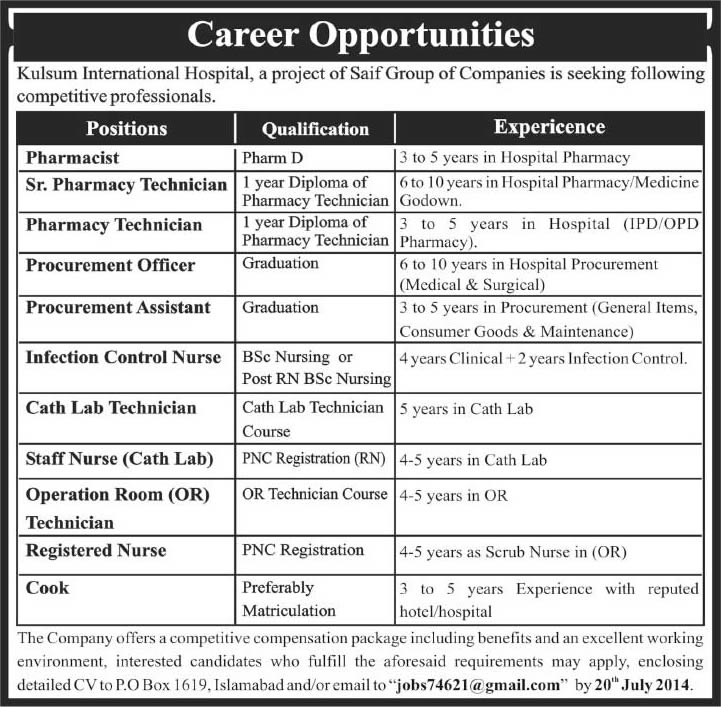 Kulsum International Hospital Islamabad Jobs 2014 July for Pharmacists, Technician, Nurses & Other Staff