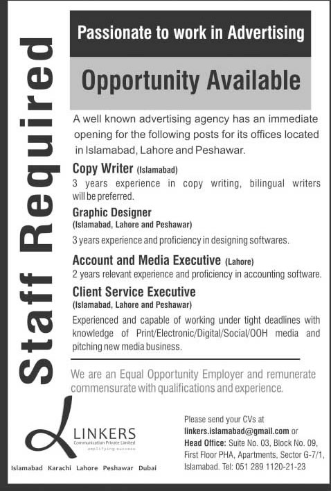 Linkers Communication (Pvt.) Ltd Jobs 2014 July for Copy Writer, Graphic Designer & Other Staff