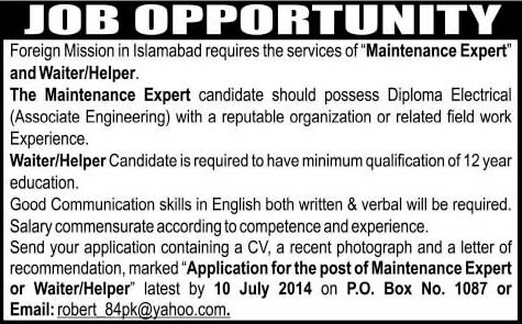 Maintenance Expert & Waiter Jobs in Islamabad 2014 July at South Korean Embassy