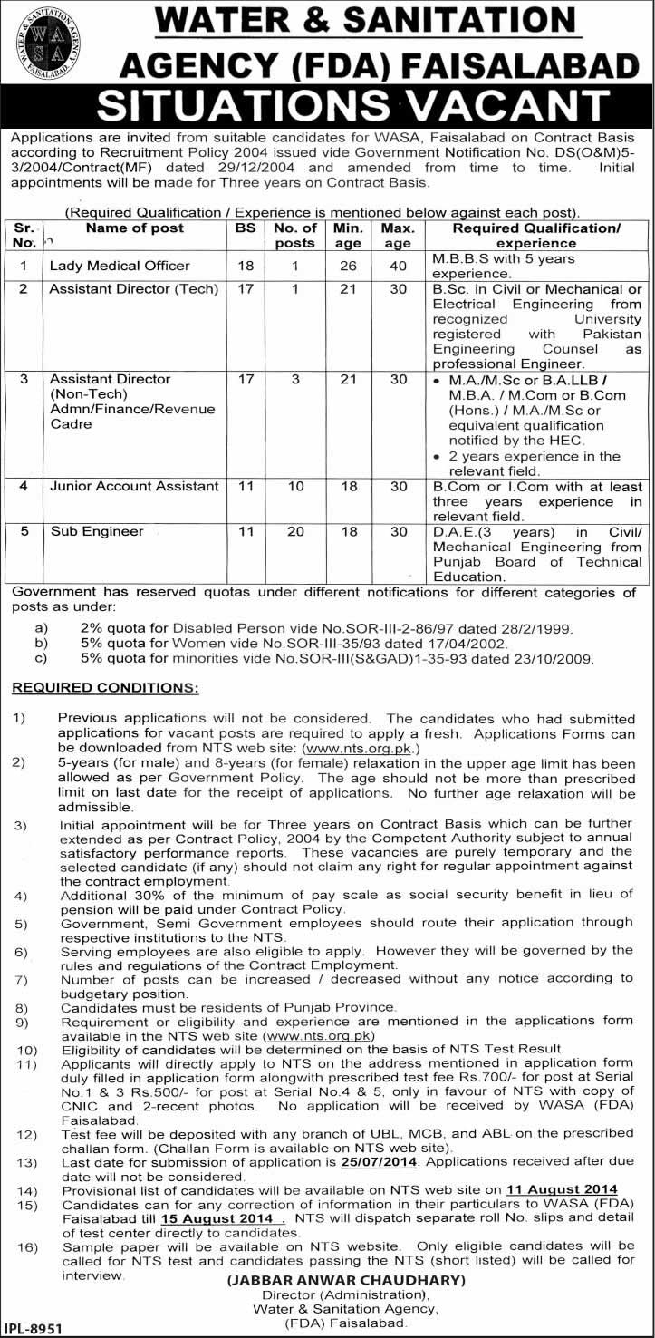 WASA FDA Faisalabad Jobs 2014 July NTS Latest Advertisement