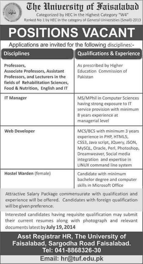 University of Faisalabad Jobs 2014 July for Teaching Faculty & Admin Staff
