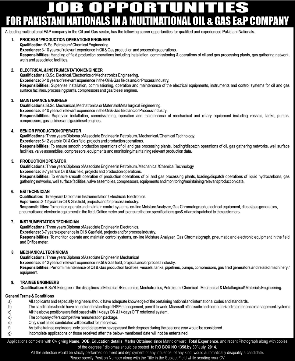 Oil and Gas Jobs in Pakistan 2014 July in Oil & Gas E&P Company PO Box 1358