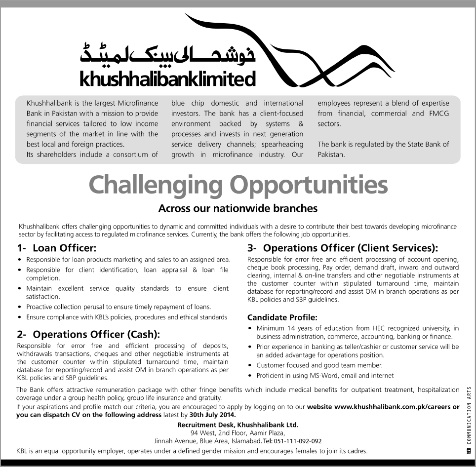 Khushhali Bank Limited Jobs 2014 July Latest Advertisement