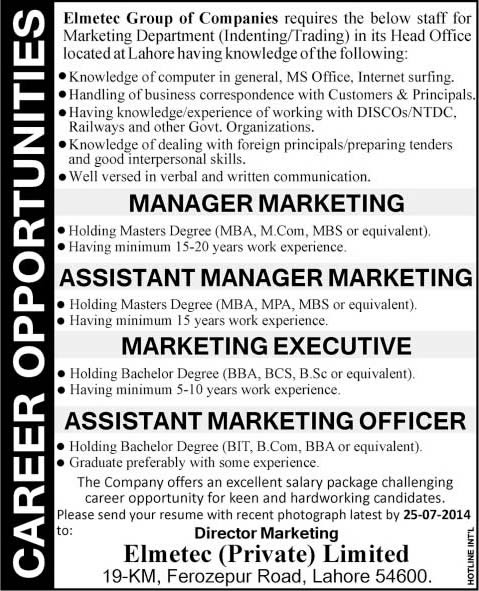 Elmetec (Pvt) Ltd Lahore Jobs 2014 July for Marketing Staff