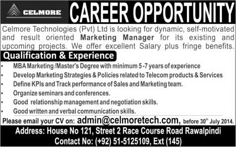 Marketing Manager Jobs in Rawalpindi 2014 July at Celmore Technologies (Pvt) Ltd