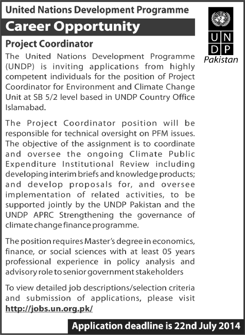 UNDP Pakistan Jobs Islamabad 2014 July for Project Coordinator