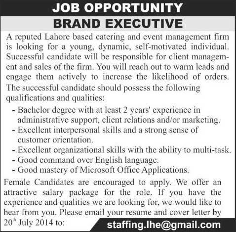 Brand Management Jobs in Lahore 2014 July at Catering & Event Management Firm