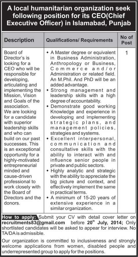 NGO Jobs in Islamabad 2014 July for Chief Executive Officer