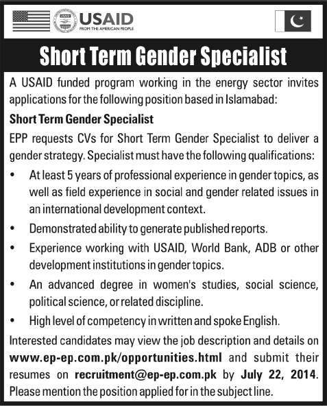 USAID Pakistan Jobs 2014 July for Short Term Gender Specialist in Energy Policy Program