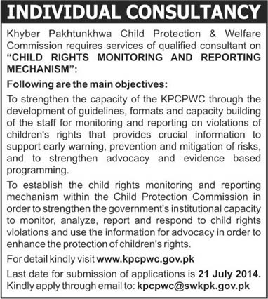 Khyber Pakhtunkhwa Child Protection & Welfare Commission Jobs 2014 July for Child Rights Consultant