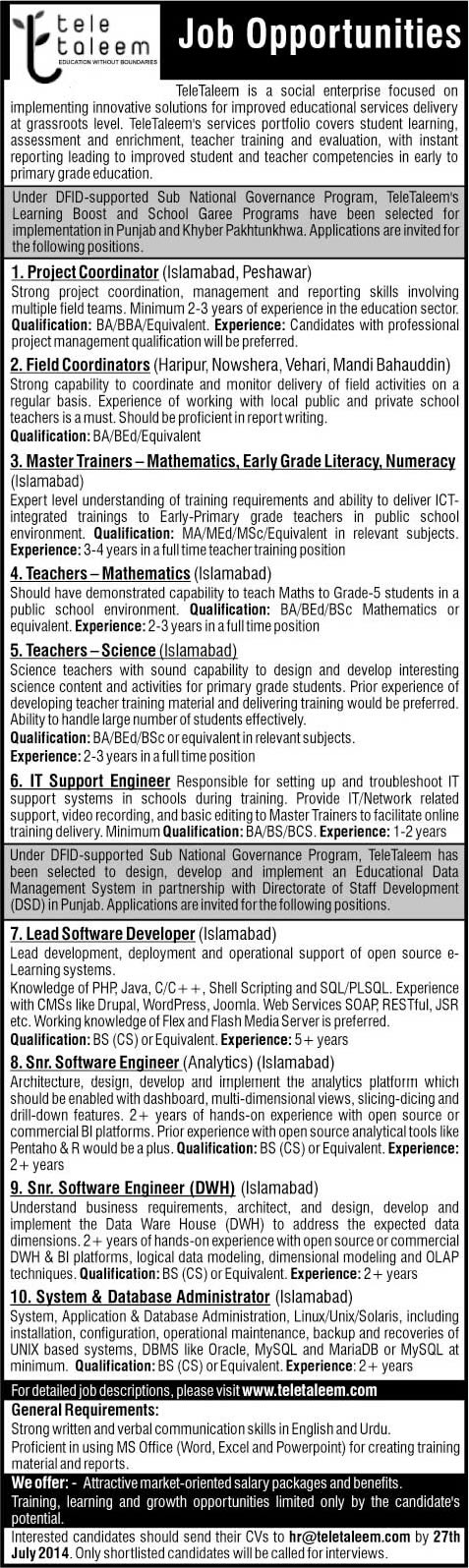 Tele Taleem Pakistan Jobs 2014 July Latest Advertisement