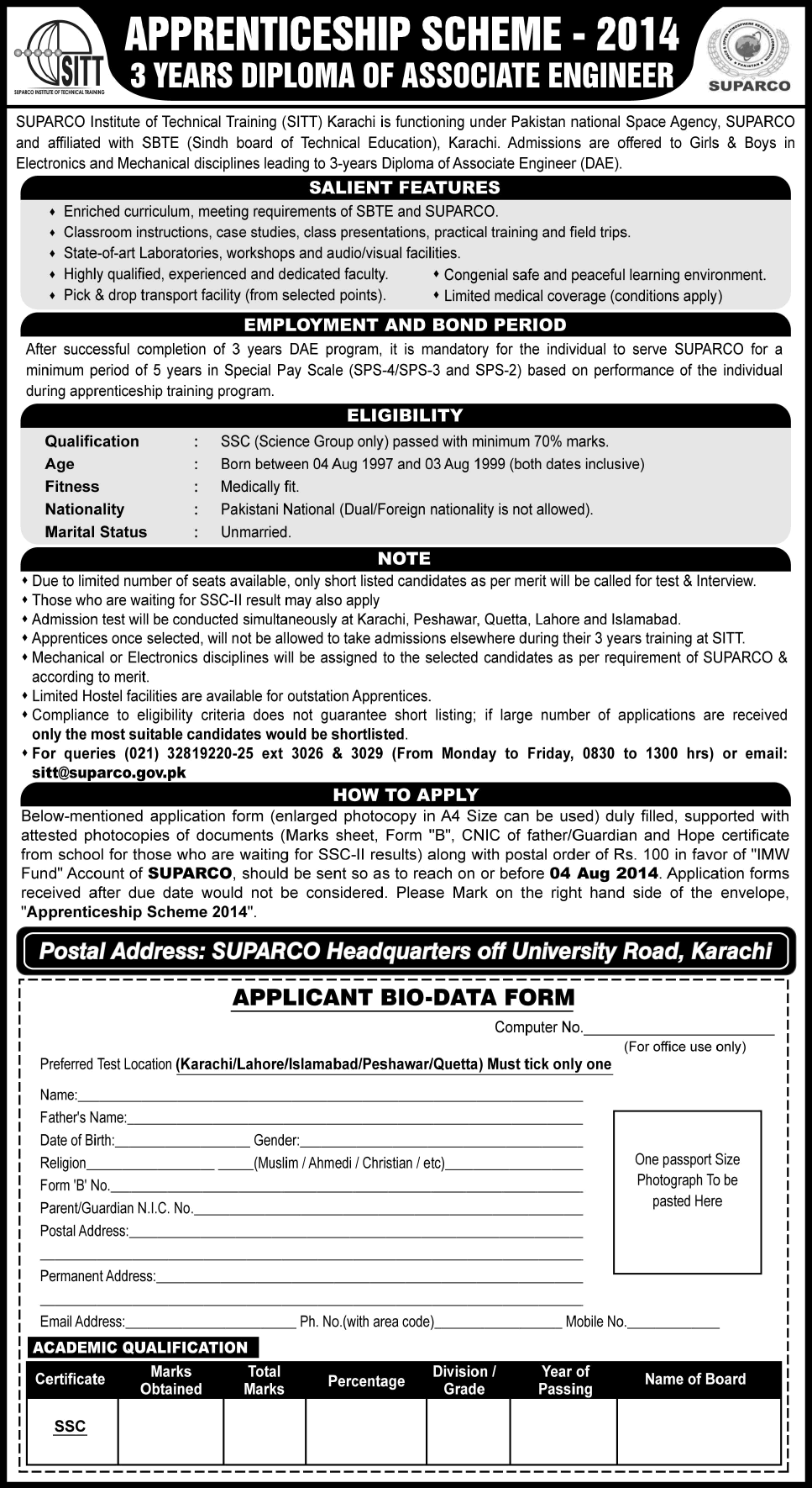 SITT Apprenticeship Scheme 2014 July DAE at SUPARCO Institute of Technical Training