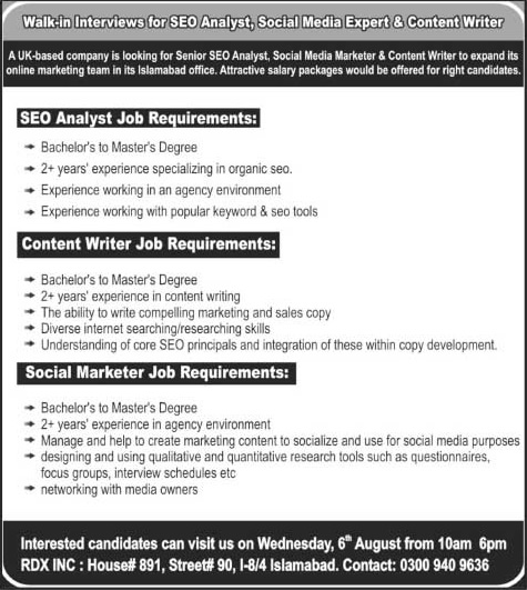 SEO Analyst, Content Writer & Social Marketer Jobs in Islamabad 2014 August at RDX Inc