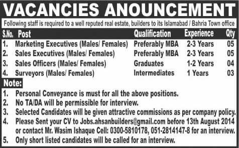 Marketing / Sales Executives, Sales Officer & Surveyor Jobs in Islamabad 2014 August