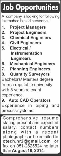 Project Manager, Engineers & AutoCAD Operator Jobs in Islamabad 2014 August