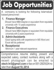 Finance Manager / Executives, Assistants & Receptionist Jobs in Islamabad 2014 August