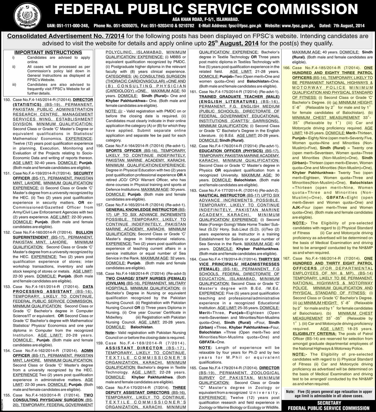 FPSC Jobs 2014 August in National Highways and Motorway Police (NHMP)