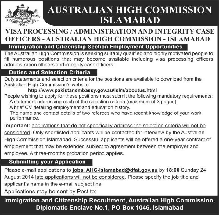 Australian High Commission Islamabad Jobs 2014 August Latest Advertisement