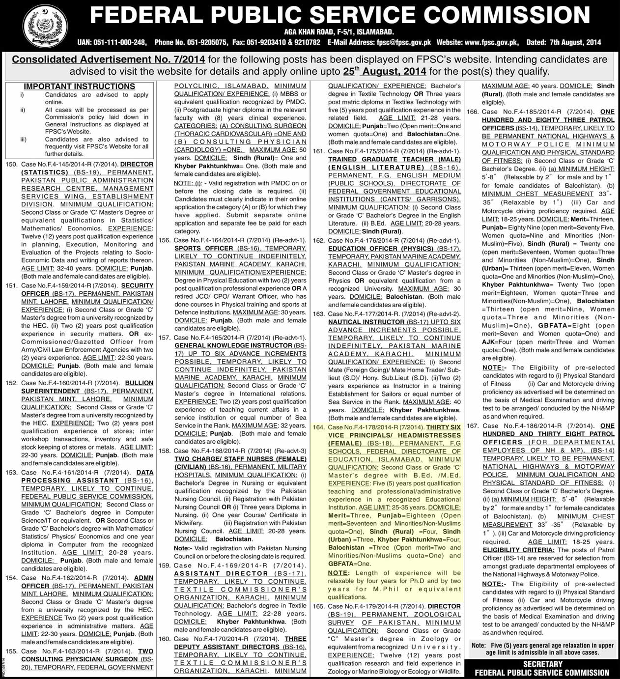 FPSC Jobs August 2014 for Vice Principals / Headmistresses in FG Schools