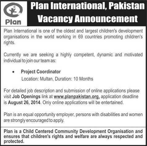 Plan International Pakistan Jobs 2014 August for Project Coordinator