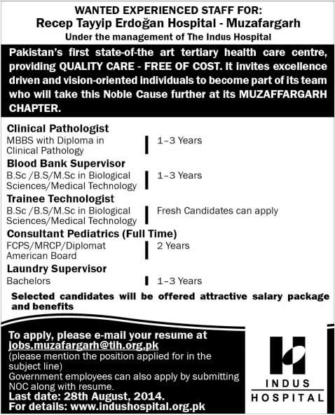 Recep Tayyip Erdogan Hospital Muzaffargarh Jobs 2014 August for Pathologist, Pediatrician & Other Staff