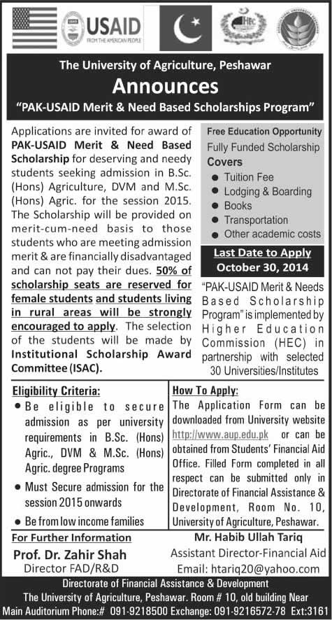 Pak USAID Scholarship 2014 2015 for University of Agriculture Peshawar Latest