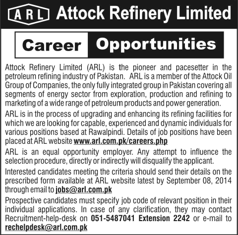 Attock Refinery Jobs 2014 August in Rawalpindi Latest Advertisement