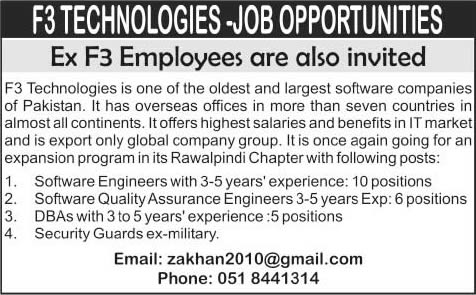 F3 Technologies Rawalpindi Jobs 2014 August for Software Engineers, DBAs & Security Guards