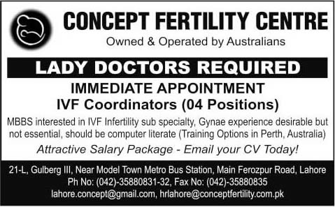 Lady Doctor & IVF Coordinators Jobs in Lahore 2014 August at Concept Fertility Centre