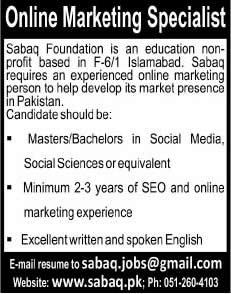 Sabaq Foundation Islamabad Jobs 2014 August for Online Marketing Specialist