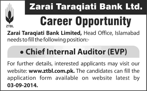 ZTBL Jobs 2014 August for Chief Internal Auditor - Zarai Taraqiati Bank Limited