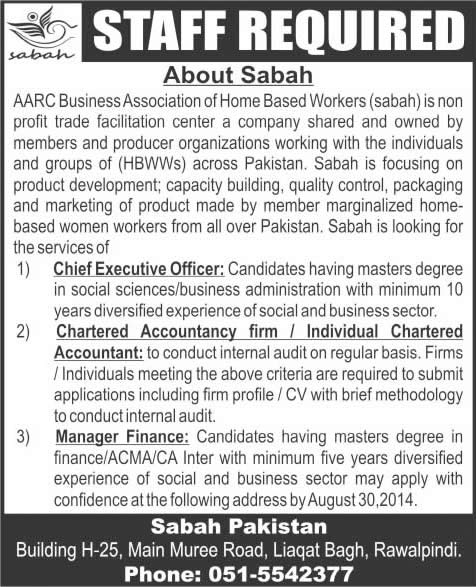 Chief Executive Officer, Chartered Accountant & Manager Finance Jobs in Rawalpindi 2014 August at Sabah