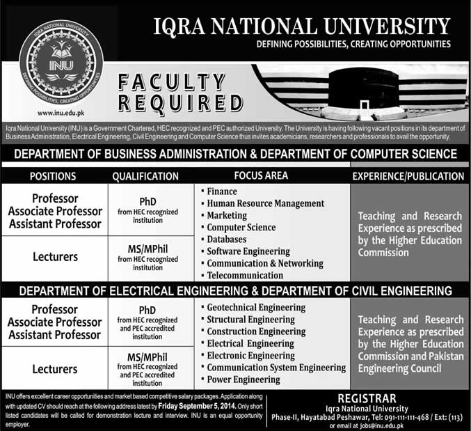 Iqra National University Peshawar Jobs 2014 August for Teaching Faculty