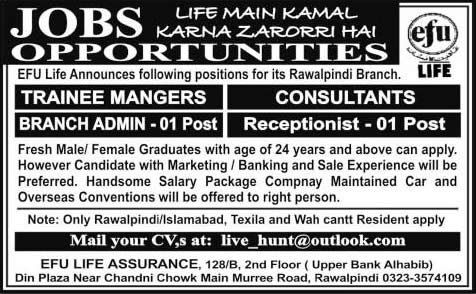 EFU Life Rawalpindi Jobs 2014 September