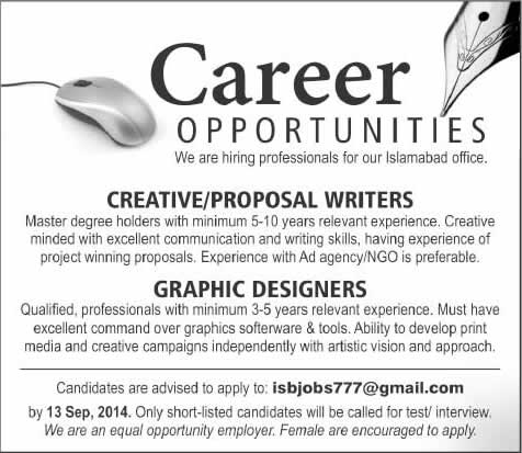 Creative / Proposal Writers & Graphic Designer Jobs in Islamabad 2014 September