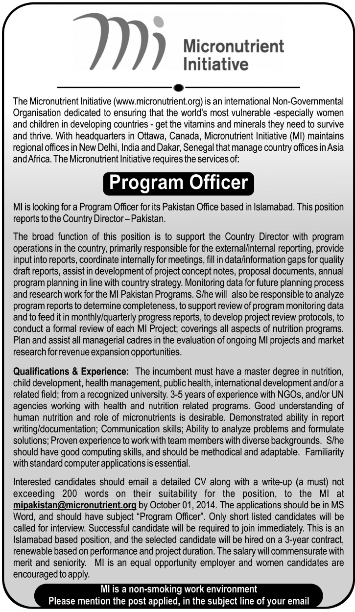 Micronutrient Initiative(MI) Pakistan Jobs 2014 September Program Officer in Islamabad