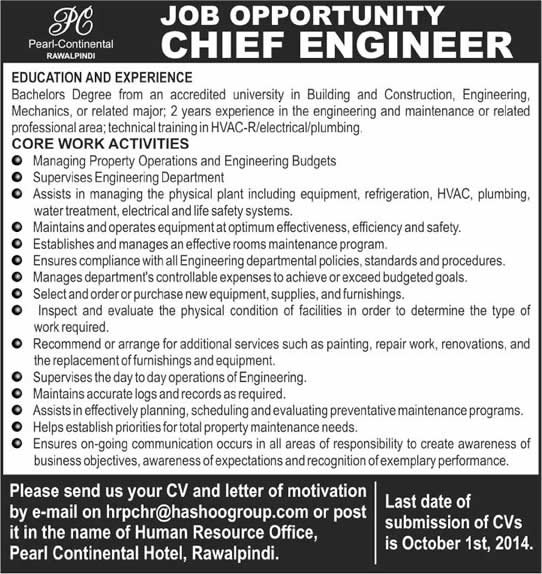 Chief Engineer Jobs in Pakistan 2014 at Pearl Continental Hotel Rawalpindi
