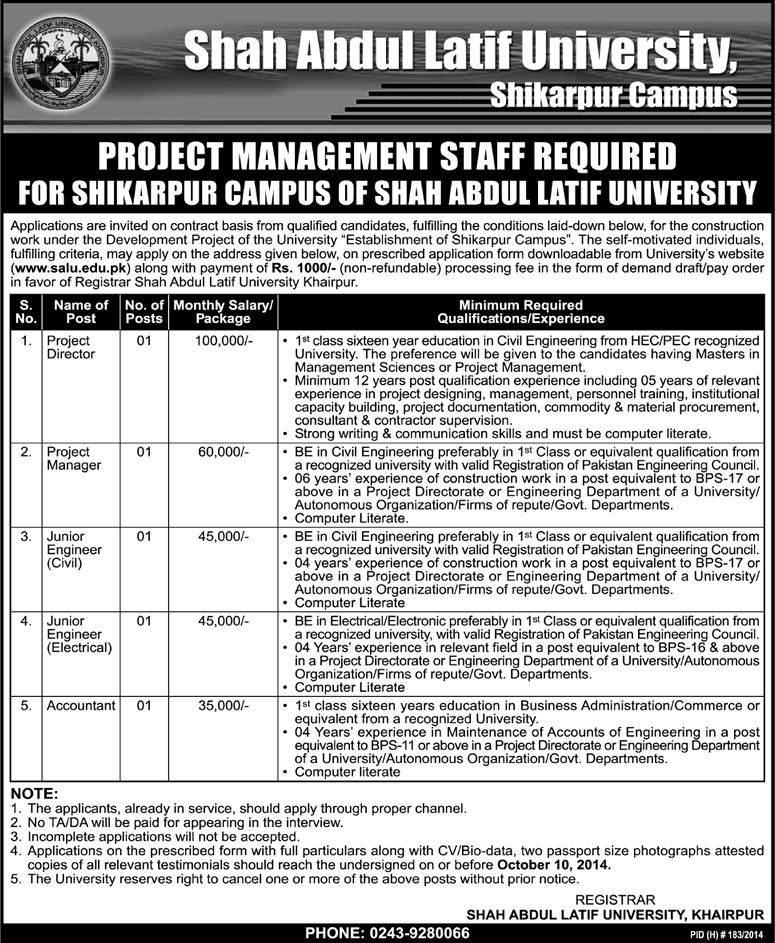 Civil/Electrical/Electronic Engineering & Accounting Jobs in Shikarpur 2014 at Shah Abdul Latif University