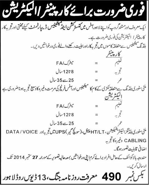 Carpenter & Electrician Jobs in Lahore 2014 September  Latest for Construction & Maintenance